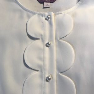 Blouse with scalloped placket & pearl buttons.